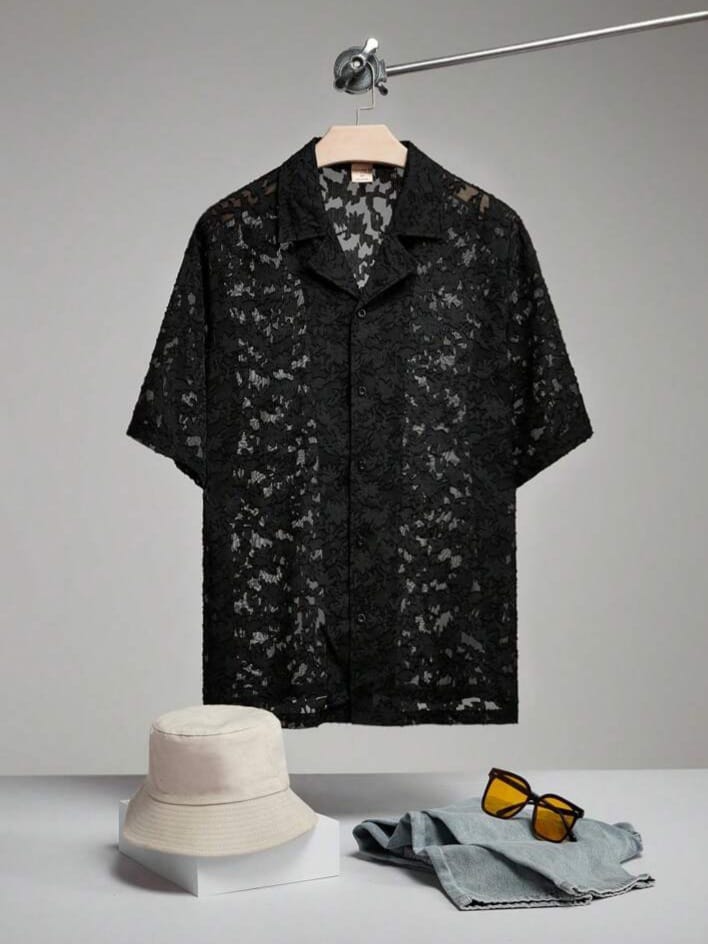 Uptown Funky Men's Loose Black Floral Texture Short Sleeve Vacation Casual Shirt